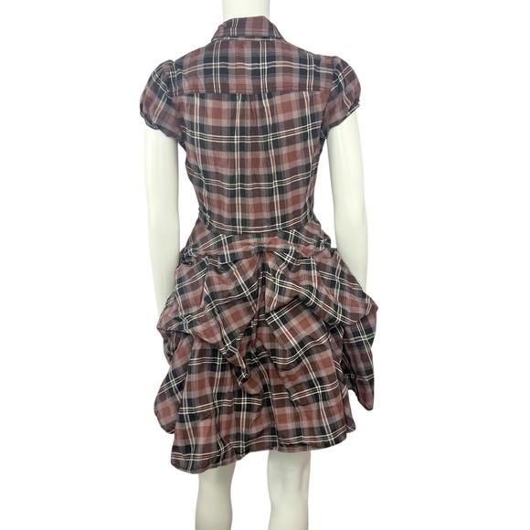 BDG Max Plaid Mini Dress Ruffled Skirt Button Front Short Sleeve Burgundy Size S - Picture 4 of 9